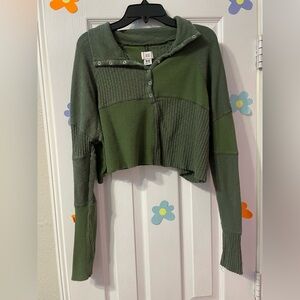 BDG Olive Ribbed patch work Button-Up Top